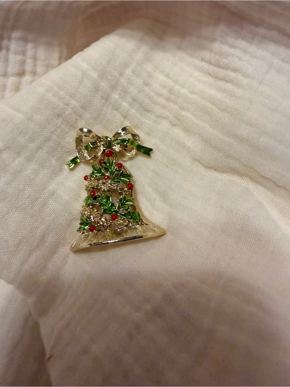 Source Unknown Gold-tone Bell Brooch with Green and Red Enamel